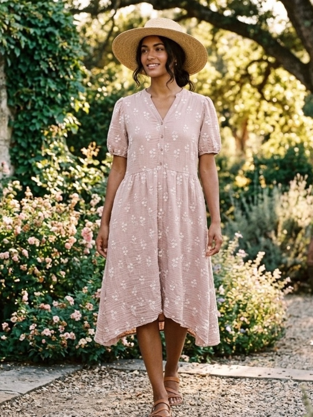 Polagram Sz 3X Nude Beige Embroidered Floral Chiffon Puff Sleeve Midi Dress